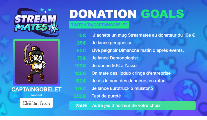 Messieurs dames voici ma donation goal de l'evenement caritatif auquel j'ai la joie de participer du 18 au 20 octobre organisé par <a href="/StreamMatesOff/">✨ StreamMates - Événementiel Twitch</a>  
Ca risque d'être vraiment bien ! 
Et tout se passera ici twitch.tv/captaingobelet