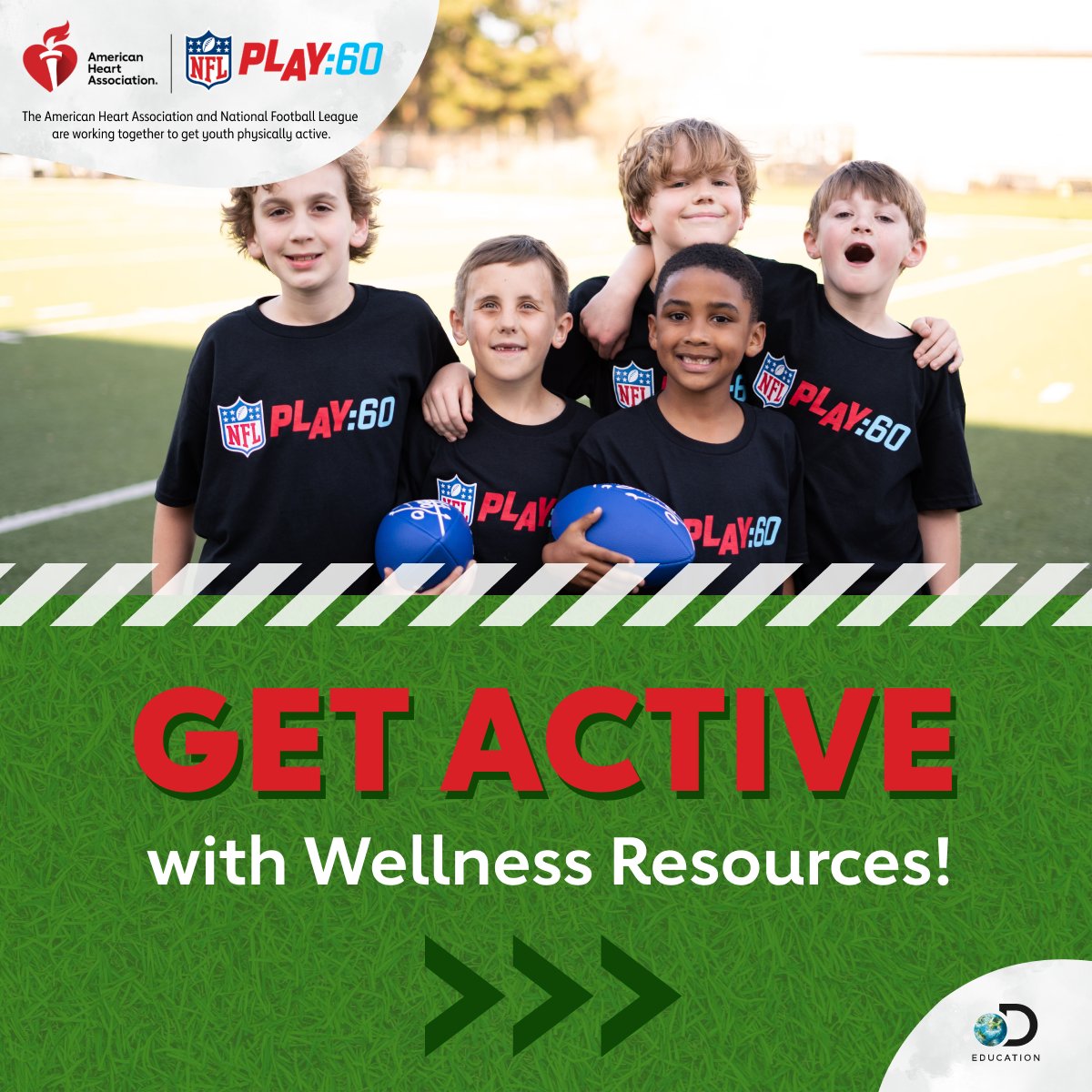 NatlAfterSchool's tweet photo. 🏈❤️ Our friends @DiscoveryEd, @American_Heart &amp; @NFL are back, teaming up to get kids active through @nflplay60! Watch their latest Kickoff Fitness Break broadcast with your students to learn heart-healthy tips while having a chance to get moving. Watch: https://t.co/HoAGvwd85b https://t.co/hAoO9QcYRV
