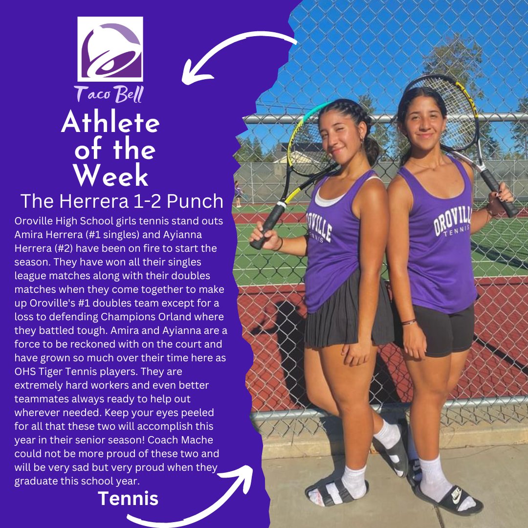 OrovilleTigers's tweet photo. Taco Bell Athlete of the Week- Amira and Ayianna Herrera. Congratulations!
#TIGERPRIDE https://t.co/ek9AZUqqVn