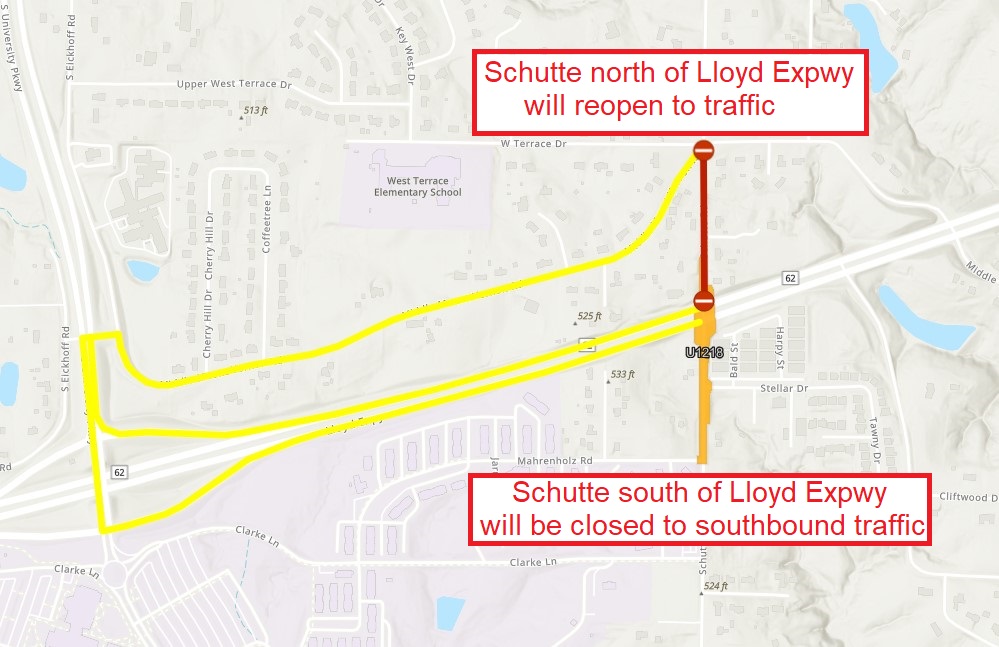 EWSUtility's tweet photo. Traffic Alert: Schutte Rd. north of the Lloyd Expwy will reopen to traffic at 4pm today. Tomorrow, the SB lane on Schutte - south of the Lloyd - will close for about 10 days. The road closure and lane restriction are necessary to relocate a waterline for @thelloyd4u project. https://t.co/NMki2TI05g
