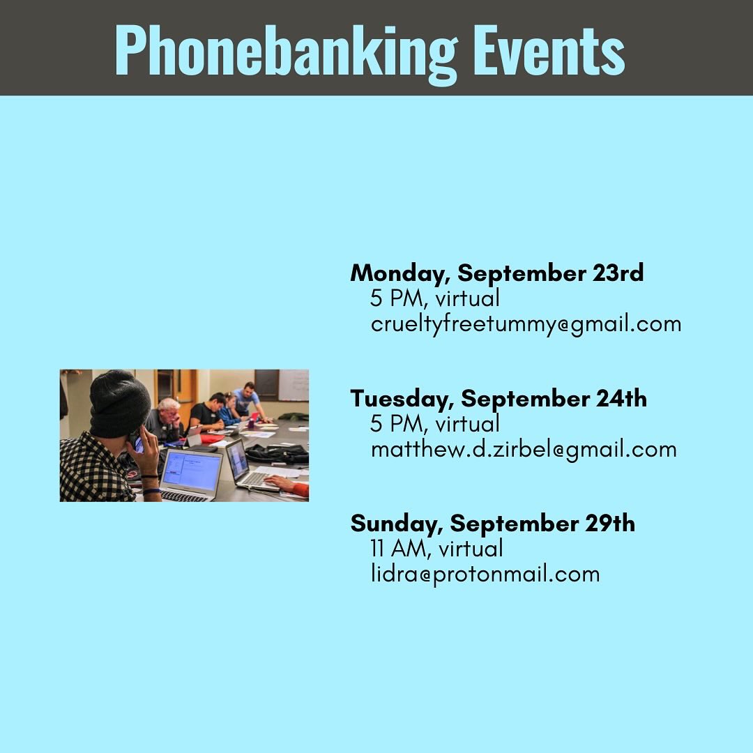 Here are all of the upcoming events this week. You can reach out to the organizer whose email is listed by the event for any questions you may have. More details for each event can be found at YesOnJ.vote/calendar!

#YesOnJ #StopFactoryFarming #ProtectAnimals #SonomaCounty