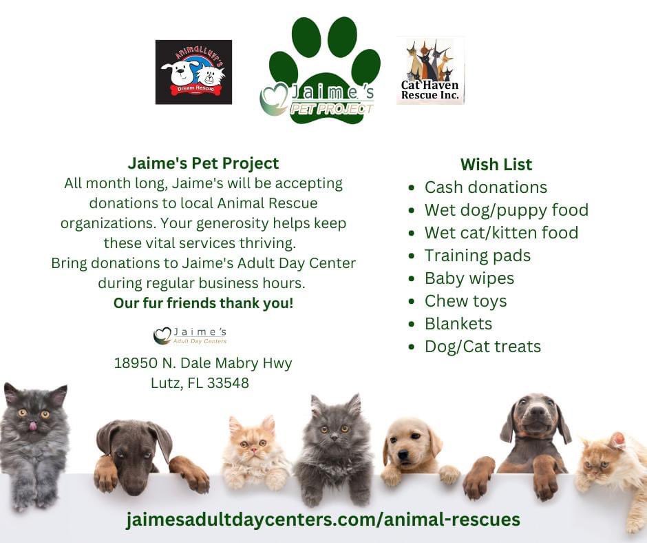 Mark your calendars for Wed, Nov 13. New Jaime's merchandise is available along with baked goodies and a new segment this year 'Wine for Whiskers' 🐾🐈🐕. All donations (monetary and pet wish list items) will be donated to local rescues. Join us and help animals in need! 
#lutzfl