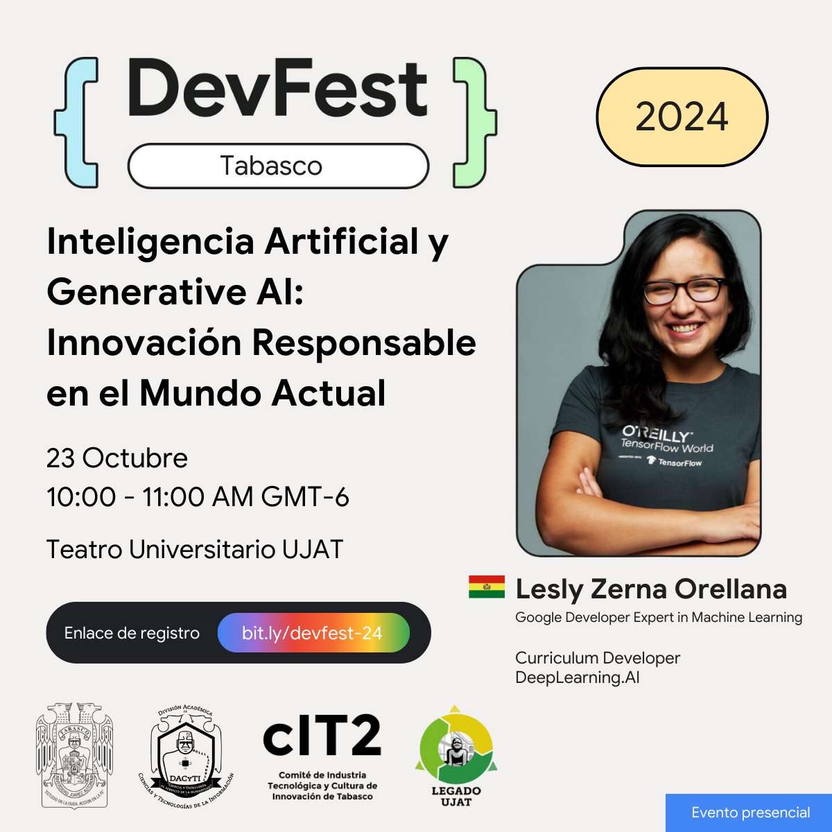 gdgvhsa's tweet photo. Les presentamos al speaker 🙌🏼
Ponente: Lesly Zerna @leslysandra
País: Bolivia 🇧🇴
Su conferencia es: Inteligencia Artificial y Generative AI: Innovación Responsable en el Mundo Actual
🚀Registro abierto 👉🏼https://t.co/8u2agAbYbz
#devfest2024 #devfestabasco #gdgvillahermosa https://t.co/XVefwbCsFp
