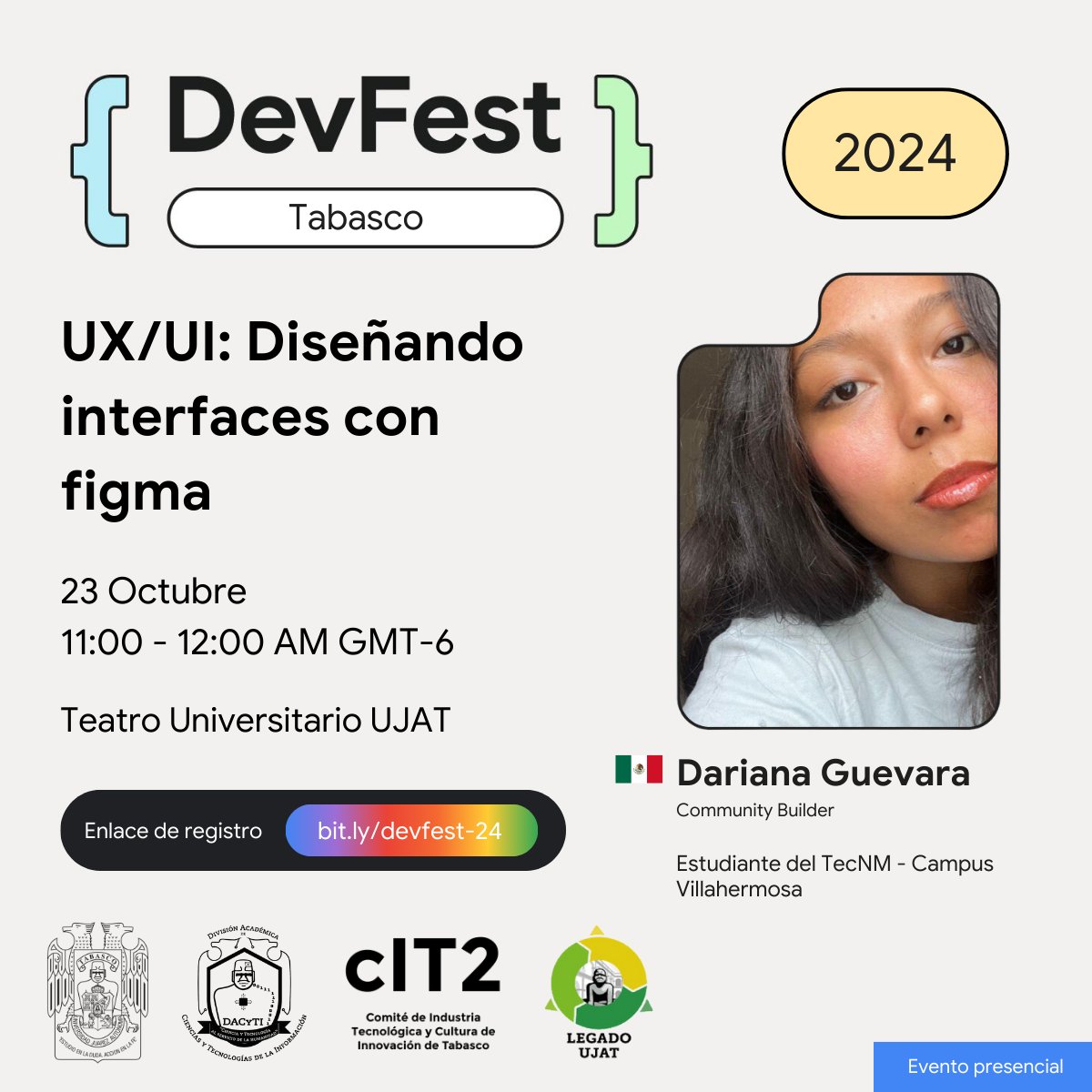 gdgvhsa's tweet photo. Les presentamos al speaker 🙌🏼
Ponente: Dariana Guevara
País: México 🇲🇽
Su conferencia es: UX/UI: Diseñando interfaces con figma
🚀Registro abierto 👉🏼https://t.co/8u2agAbYbz
#devfest2024 #devfestabasco #gdgvillahermosa https://t.co/EgJ0qVEtnh
