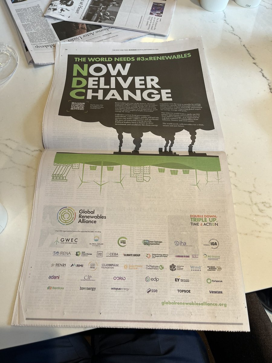 Clear message in the <a href="/nytimes/">The New York Times</a> today from <a href="/GRA_Renewables/">Global Renewables Alliance</a> asking for clear details in countries NDCs on x3 #renewables and action on grids and storage. #climateweekNYC