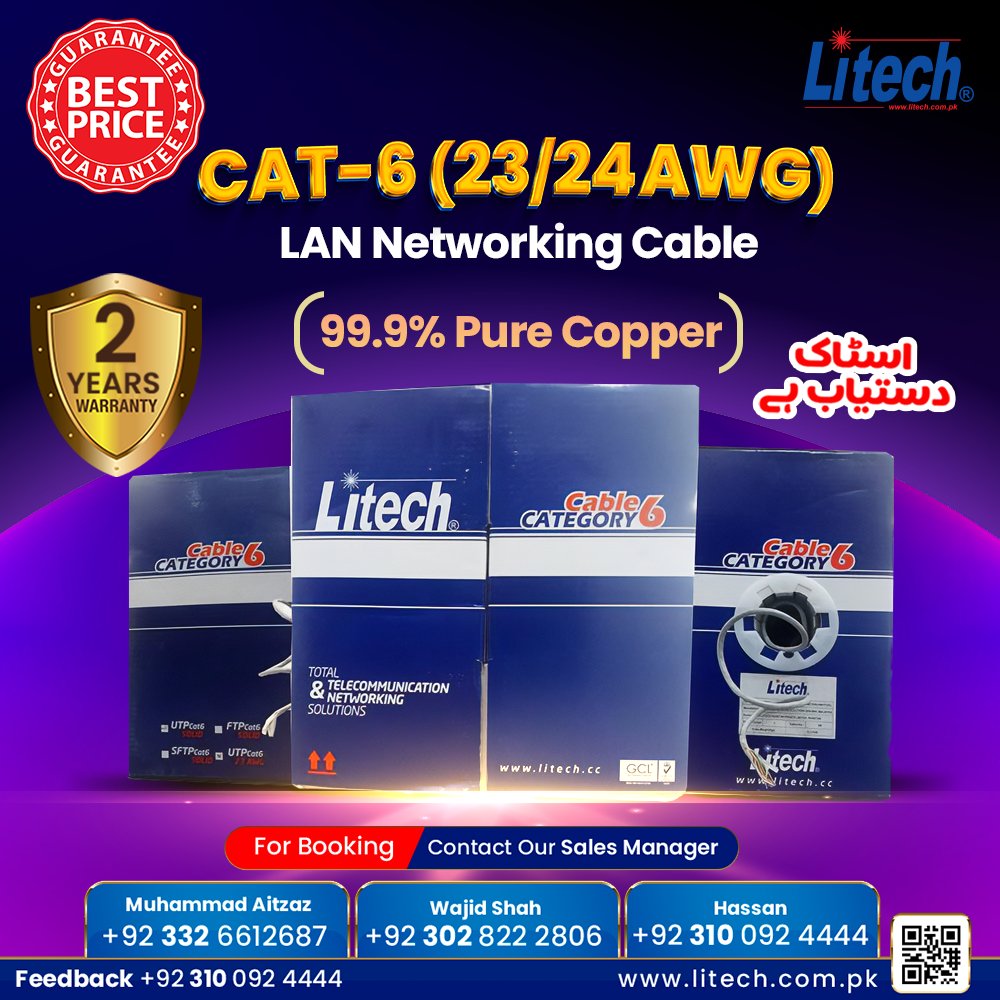 LitechPakistan's tweet image. #litechpakistan
CAT-6 (23AWG) LAN/ NETWORKING CABLE.
Ready Stock Available for Sale*
#purecopper
2 Years Warranty