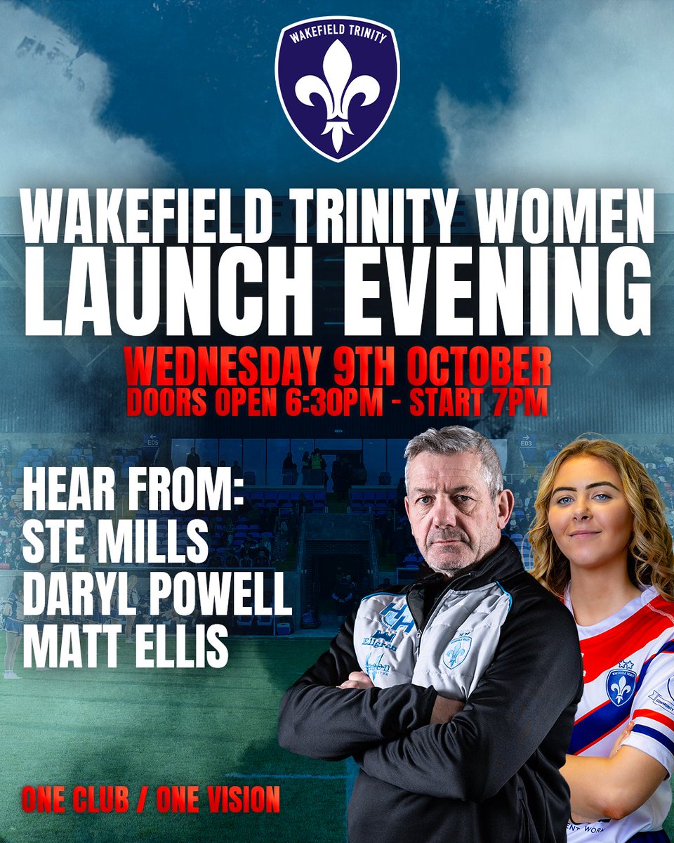 📰 Join us on Wednesday 9th October at the DIY Kitchens Stadium for our Wakefield Trinity Women Launch Evening!!

Hear from Ste Mills, Daryl powell and Matt Ellis as they discuss plans for the newly relaunched Women's team!

Register here 👉🏻 tinyurl.com/RegisterForWom…

#UpTheTrin