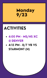 Today's activities:

4 - MS/HS XC 🏃‍♂️🏃‍♀️@ Denver
4:15 - 8/7 VB 🏐 v Starmont