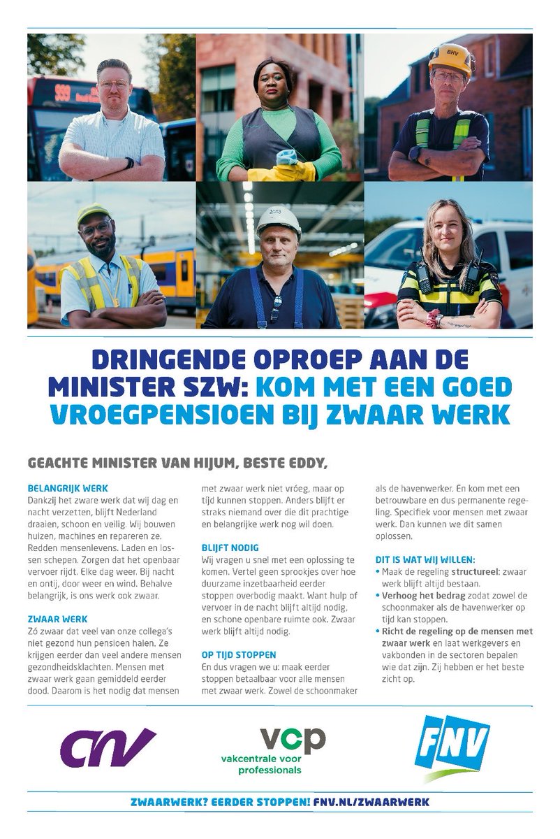 Morgen debat Tweede Kamer, vandaag nog maar even stevig onze eisen en verhaal in de krant. Tijd dat de politieke partijen kleur gaan bekennen! #zwaarwerk? eerder stoppen! #vroegpensioen #RVU