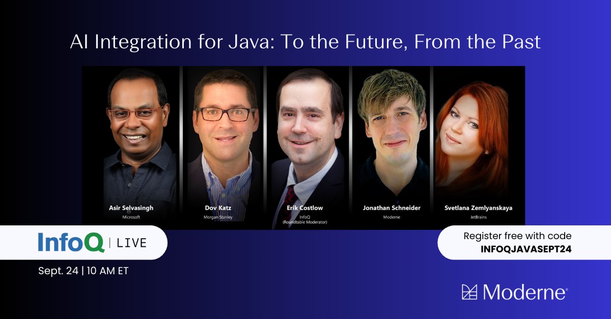 moderneinc's tweet photo. Java developers are facing a big challenge: modernizing legacy apps + embedding intelligence. 💻
Tomorrow (Sept 24), join @jon_k_schneider at #InfoQLive for expert insights on elevating your apps with smarter features. 🎯
Register 👉 https://t.co/QlbL7F6FdO https://t.co/F6bqit1a6g