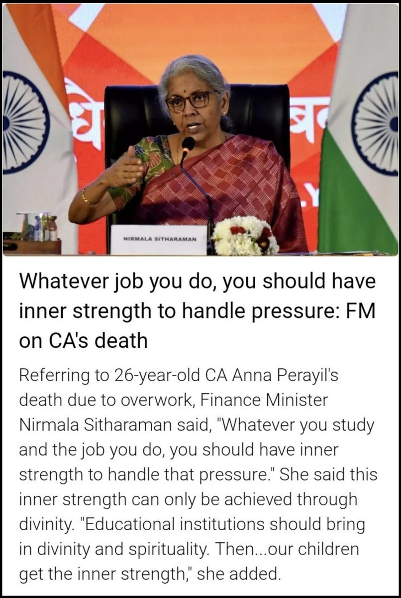 tradeswithjames's tweet photo. According to the Finance Minister Nirmala Sitharaman, someone who cleared CA, which one of the toughest exams in the country did not possess the inner strength to handle pressure.

We have a joker heading the Finance Ministry!! https://t.co/9KosVfKGus