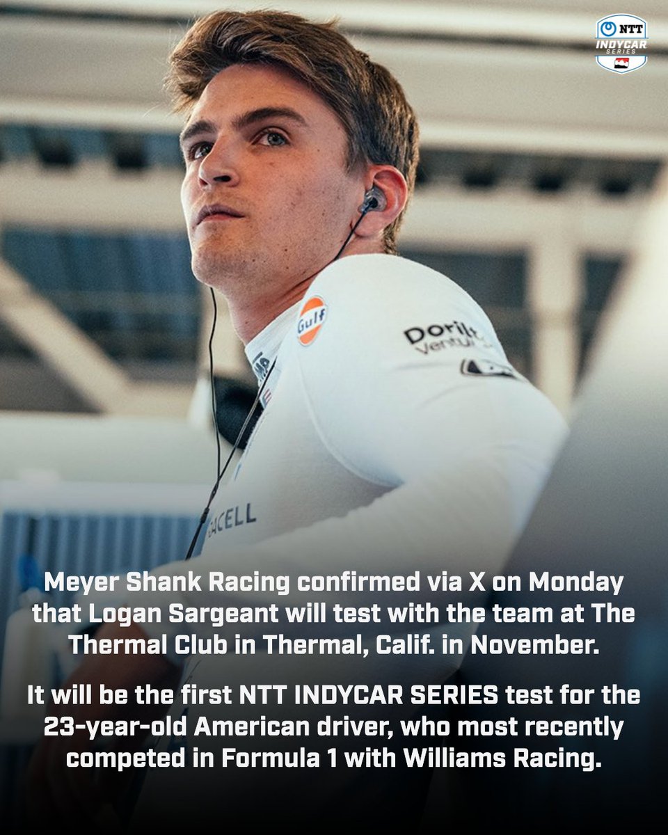 IndyCar's tweet photo. Logan Sargeant is set for his first #INDYCAR test later this fall with @MeyerShankRac 👀

(📷: Williams Racing) https://t.co/ATyOinMPDG