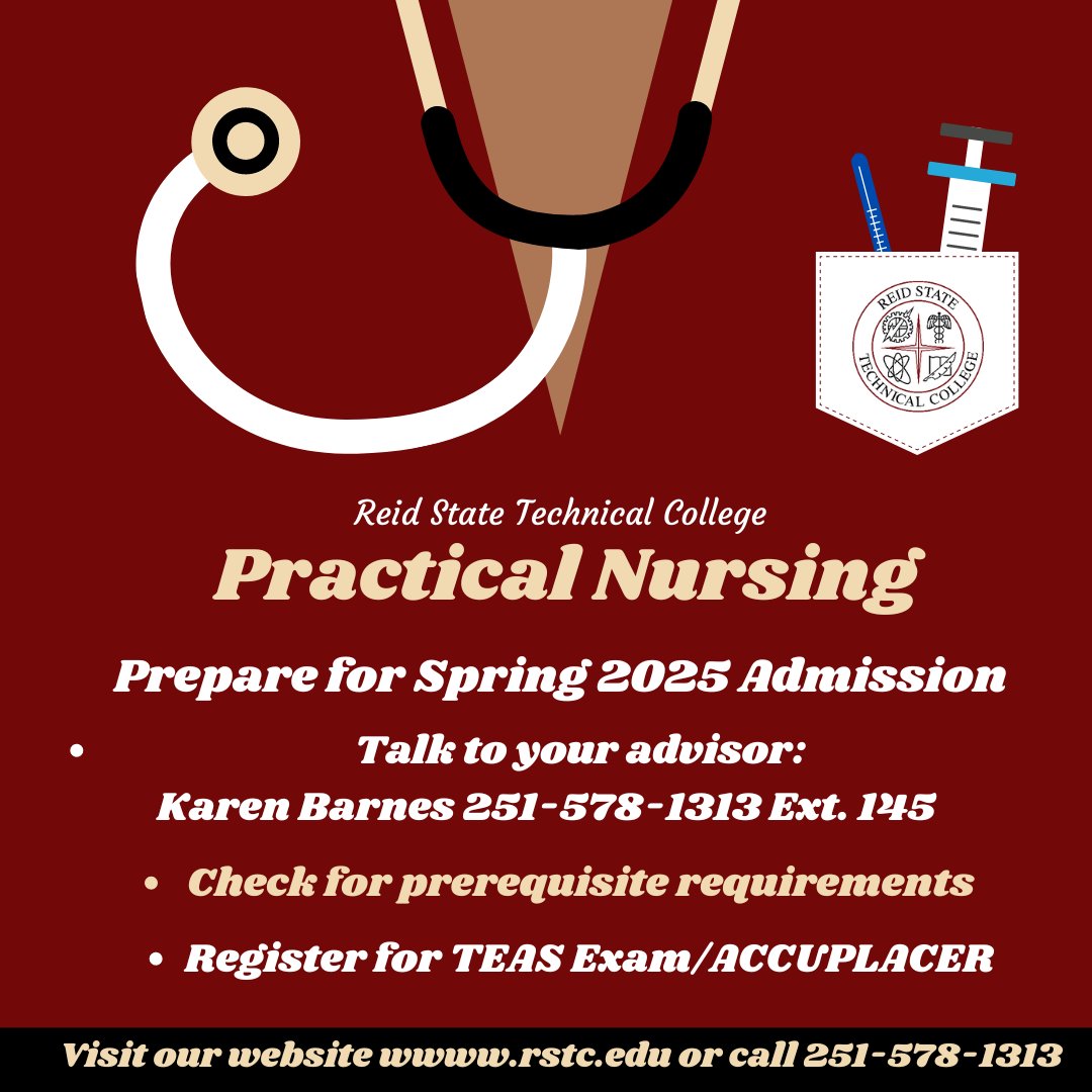 ReidStateCC's tweet photo. 🌟 Attention Prospective Nursing Students! 🌟

As you set your sights on a rewarding nursing career, it’s time to prepare for Spring 2025 admissions

Stay focused and start preparing today! Your future in nursing awaits! 🩺✨

#RSTC #LearnLocal #ACCS #AlNursing https://t.co/7JhbWdPDa1