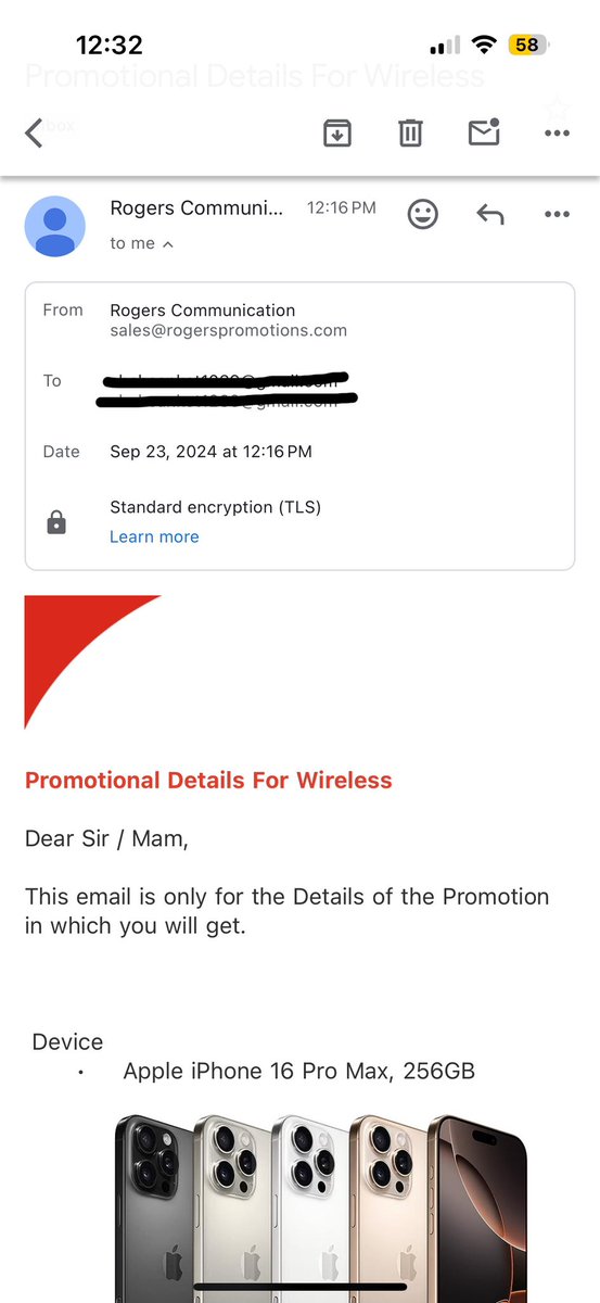 sanket1239's tweet photo. @Rogers I got an email from this email address for iPhone 16. It’s looks good but unbelievable. Can you confirm if this is a legit Email id ?? sales@rogerspromotions.com
Call back number mentioned in the email - 437 739 0580  Ext 800 https://t.co/WgNfgeMz0s