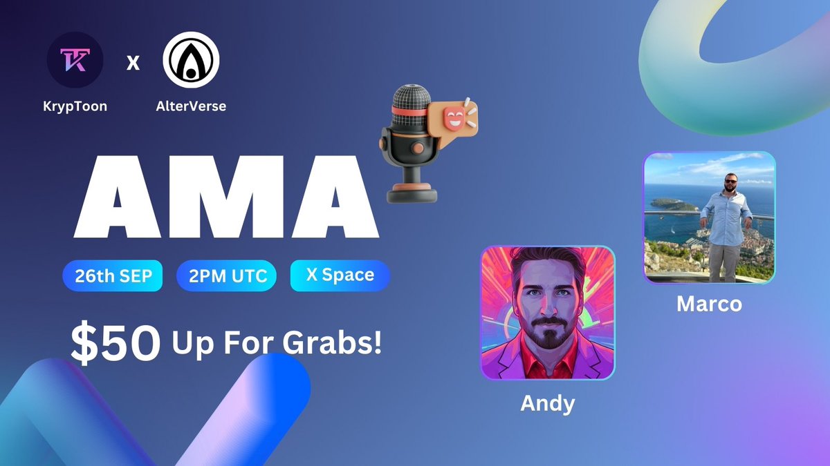 Kryp_Toon's tweet image. 👋Hey, guess what? We're gonna have an X Space AMA with #AlterVerse! It's gonna be awesome!

🗓 Date: Sep 26th at 2:00 PM (UTC)

📍 Venue: 

💰 Prize Pool: $50

1️⃣ Follow @AlterVerseGame !
2️⃣ Ask questions on X!
3️⃣ Like &amp;amp; RT