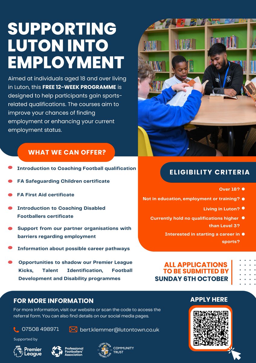 LutonTownCT's tweet image. Supporting Luton Into Employment programme is supported by the Premier League and Professional Footballers&apos; Association. Administered through the Premier League Charitable Fund, the funding helps football clubs to tackle inequality and respond to local challenges, supporting…