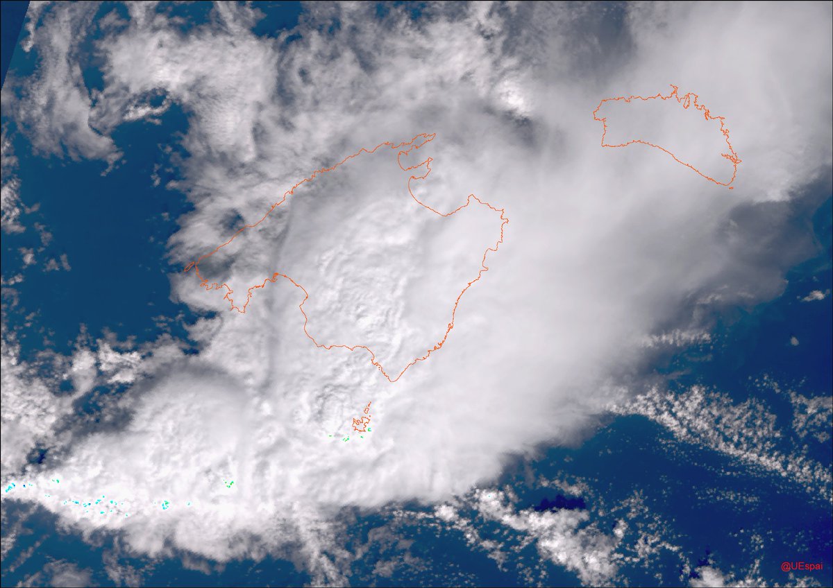 La tempesta d'avui sobre les Illes Balears vista des del satèl·lit Sentinel-3.