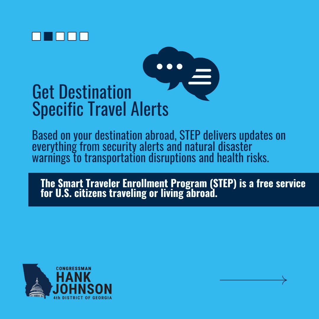 RepHankJohnson's tweet photo. Traveling abroad? πβοΈ
The @TravelGov Smart Traveler Enrollment Program (STEP) makes it easy to get safety alerts from the nearest U.S. embassy. Enroll today to stay informed and prepared during your travels!Β
Sign up: https://t.co/zxna4hoAqR
#TravelSafe #STEPProgram #HankJohnson https://t.co/Fx0Ff7SeZq