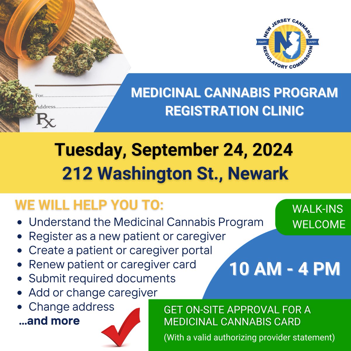 NewJerseyCRC's tweet photo. Tomorrow, Sept 24th, we will host a Medicinal Cannabis Program (MCP) Registration Clinic at 212 Washington St in Newark. During the registration clinics, we will help existing &amp; potential patients &amp; caregivers sign up or renew enrollment in the MCP. More: https://t.co/k512Vf21xM https://t.co/KvFLeo6ZVn