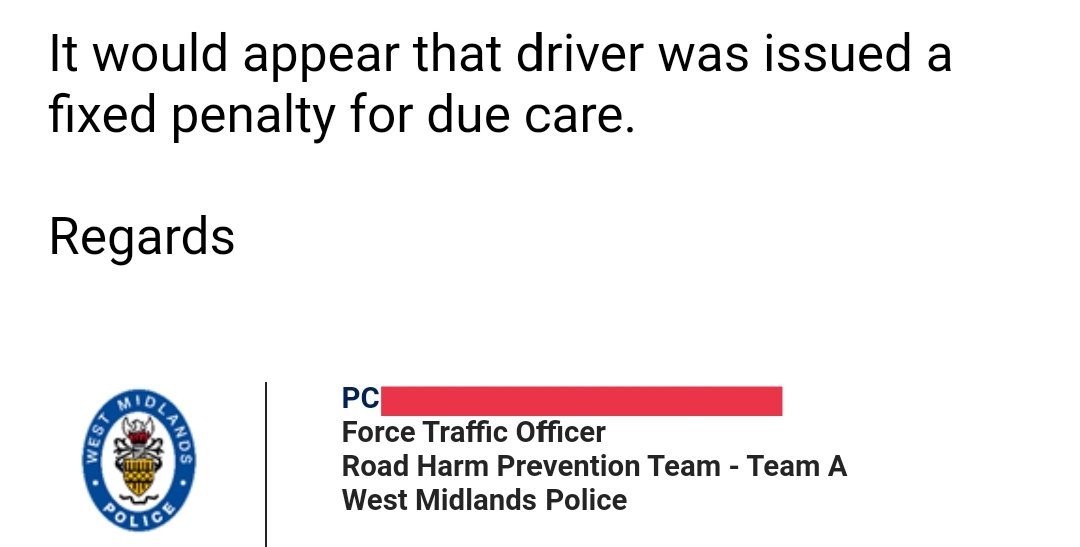 CoventryCycle's tweet photo. And I just received confirmation that the driver received a FPN for driving without due care. https://t.co/tBUwm8dVPC