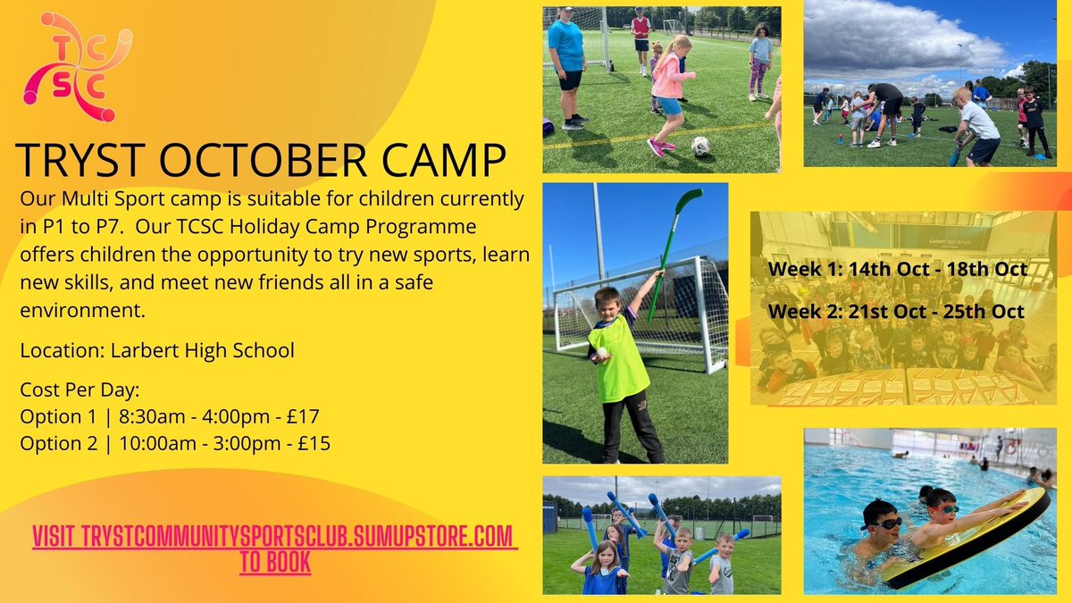 Bookings Now Open ❗️

We are excited to post that our October holiday camp is now available to book ⚽️🏓🥋

Spaces are available to book through our sumup store:

…ystcommunitysportsclub.sumupstore.com/products?categ…
