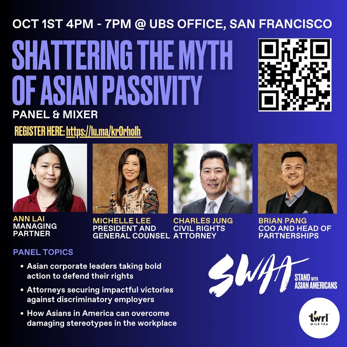 Speaker Announcement!
​​
You're invited to a powerful panel discussion by #StandwithAsianAmericans, hosted by <a href="/UBS/">UBS</a> in partnership with <a href="/TwrlMilkTea/">TwrlMilkTea</a>, featuring Asian leaders who have fought for #workplacejustice.

​​RSVP: lu.ma/kr0rholh

#workplacediscrimination