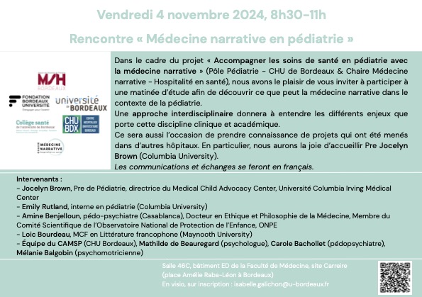 Galichon Isabelle (@galichoni) on Twitter photo Le 4/10 Matinée d'étude sur la médecine narrative en pédiatrie dans le cadre de la Chaire Médecine narrative à <a href="/univbordeaux/">Université de Bordeaux</a> avec <a href="/CHUBordeaux/">CHU de Bordeaux</a>
En présence de Jocelyn Brown <a href="/Columbia/">Columbia University</a>
<a href="/fondationbxuniv/">Fondation Bordeaux Université</a> <a href="/SanteCollege/">Collège Santé - Université Bordeaux</a> <a href="/hospiphilo/">Chaire de Philosophie à l'Hôpital</a> Le 4/10 Matinée d'étude sur la médecine narrative en pédiatrie dans le cadre de la Chaire Médecine narrative à <a href="/univbordeaux/">Université de Bordeaux</a> avec <a href="/CHUBordeaux/">CHU de Bordeaux</a>
En présence de Jocelyn Brown <a href="/Columbia/">Columbia University</a>
<a href="/fondationbxuniv/">Fondation Bordeaux Université</a> <a href="/SanteCollege/">Collège Santé - Université Bordeaux</a> <a href="/hospiphilo/">Chaire de Philosophie à l'Hôpital</a>