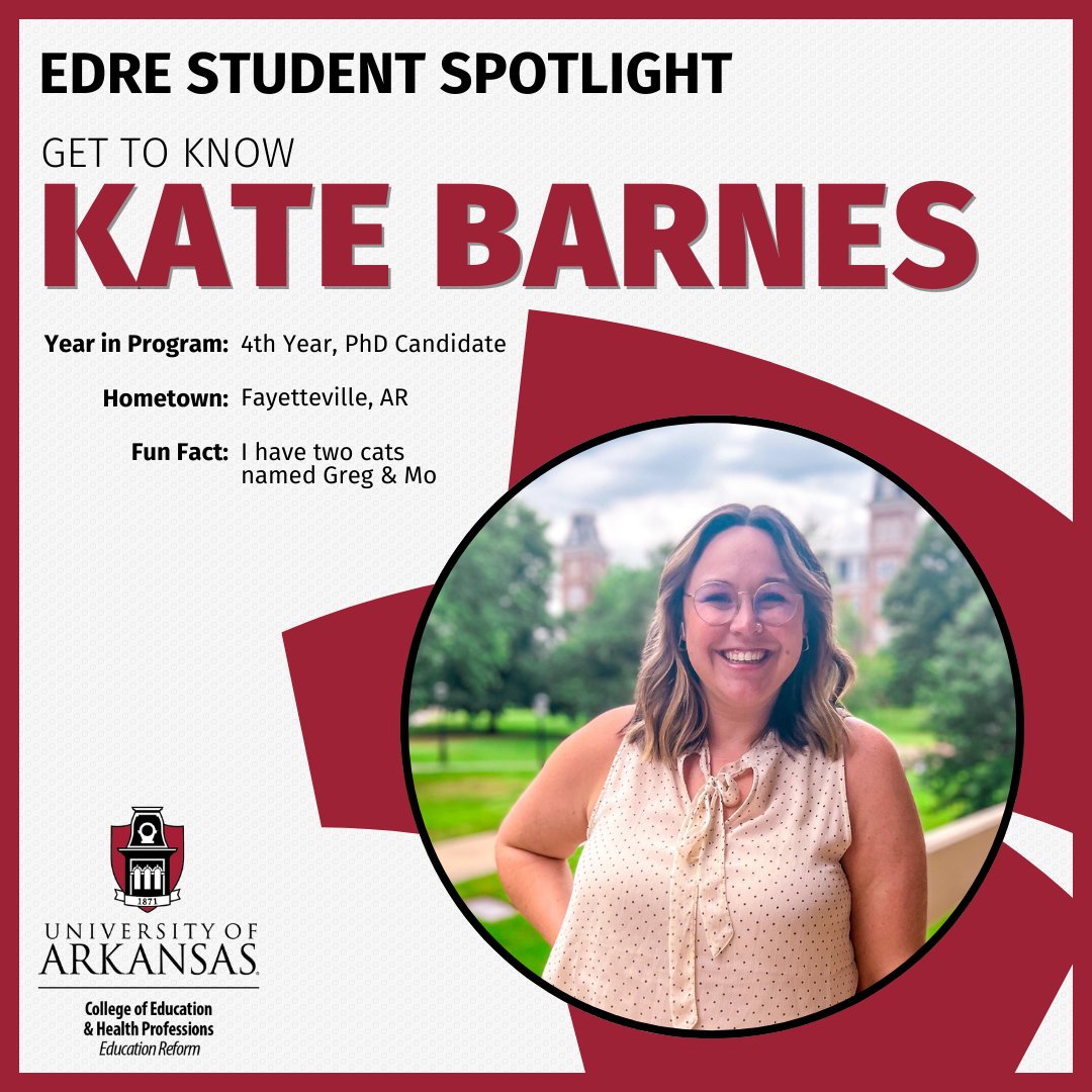 Dept. of Ed. Reform (@ua_edreform) on Twitter photo Meet <a href="/Kate__Barnes/">Kate Barnes</a>, a 4th-year doctoral candidate in our Education Policy Program. Kate is on the job market and plans to graduate this Spring! Meet <a href="/Kate__Barnes/">Kate Barnes</a>, a 4th-year doctoral candidate in our Education Policy Program. Kate is on the job market and plans to graduate this Spring!