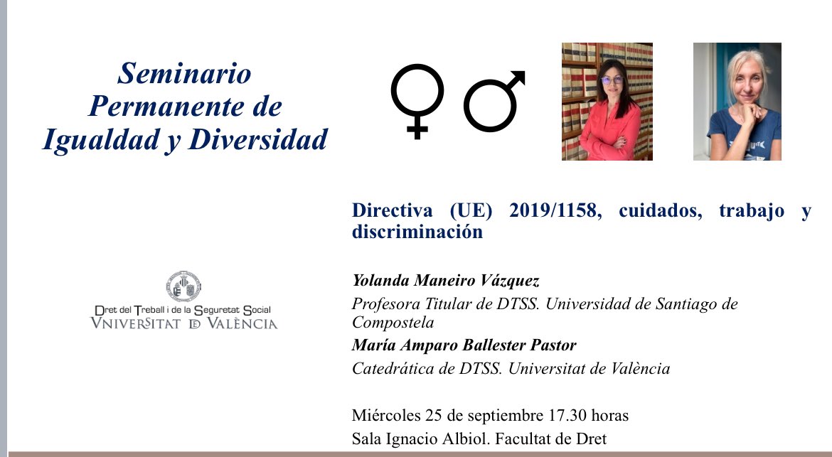 📢 Esta semana tenemos Seminario Permanente de Igualdad y Diversidad.

🗓️ Os esperamos el miércoles a las 17:30h para escuchar lo que nos tienen que contar las profesoras Maneiro Vázquez y Ballester Pastor sobre cuidados, trabajo y discriminación
