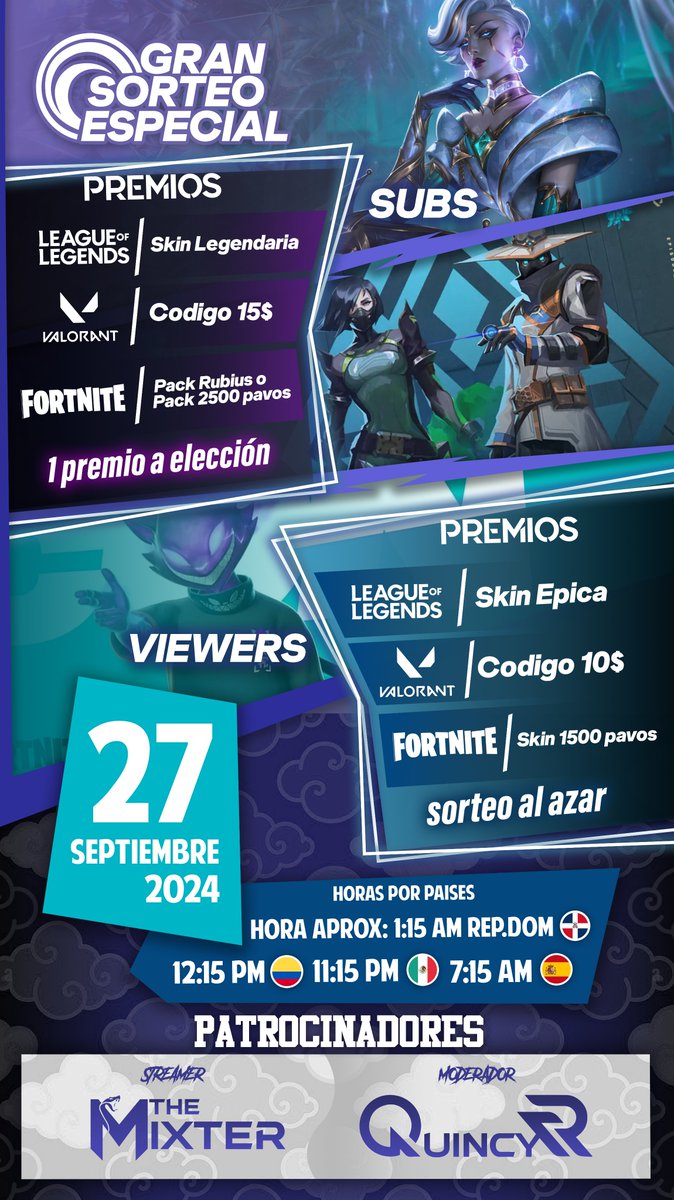 The_Mixter1's tweet photo. Hoy quiero anunciarles nuestro GRAN SORTEO con motivo de cumpleaños! Tendremos sorteo para suscriptores y para viewers y los premios aplicarán para Valorant, League of Legends o Fortinte! 

Se realizará el 27 de septiembre y tienen todos los detalles en las imágenes! https://t.co/gLg3jhcgs1