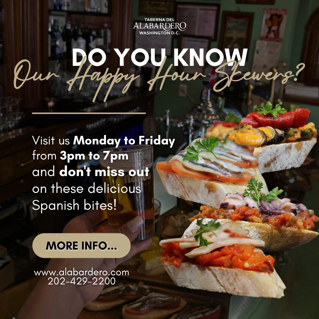 AlabarderoDC's tweet image. Happy Hour never tasted so good! $2.50 pinchos and $4 cañitas are waiting for you. Monday to Friday, 3-7pm. Who’s ready to snack and sip?

#happyhour #beer #pinchos #skewers #tapas #wines #food #dcfood #dishesfromspain #spanishcuisine #cheers #dcrestaurant #spanishrestaurant