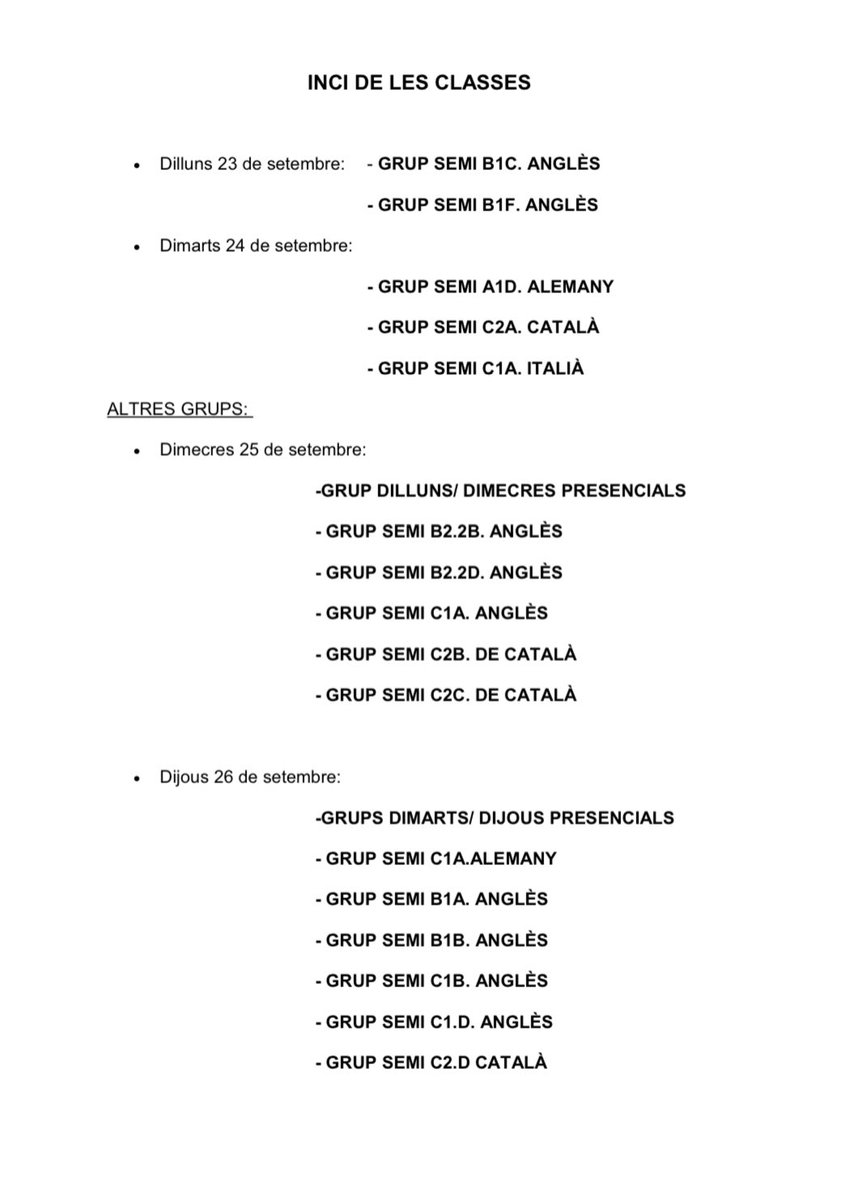Consulteu l’inici de classes del vostre grup aquí: