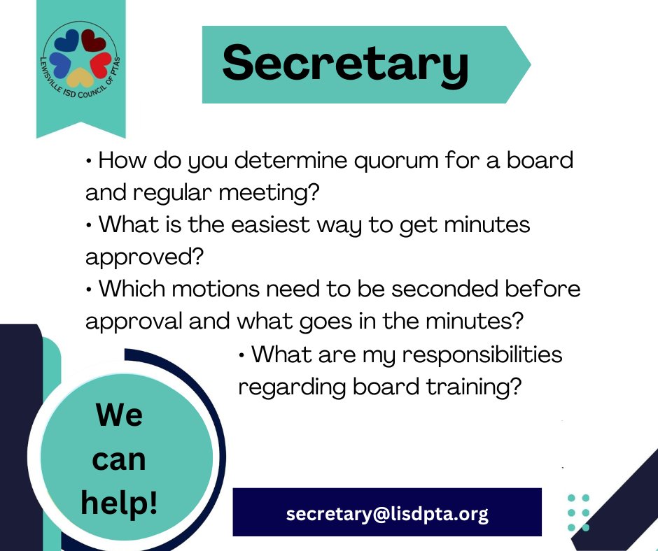 LISD Council of PTAs (@lisdpta) on Twitter photo The secretary essentially keeps the legal record of your local PTA. If you have a question, need a clarification or want some perspective on the secretary role, reach out to secretary@lisdpta.org for assistance. The secretary essentially keeps the legal record of your local PTA. If you have a question, need a clarification or want some perspective on the secretary role, reach out to secretary@lisdpta.org for assistance.