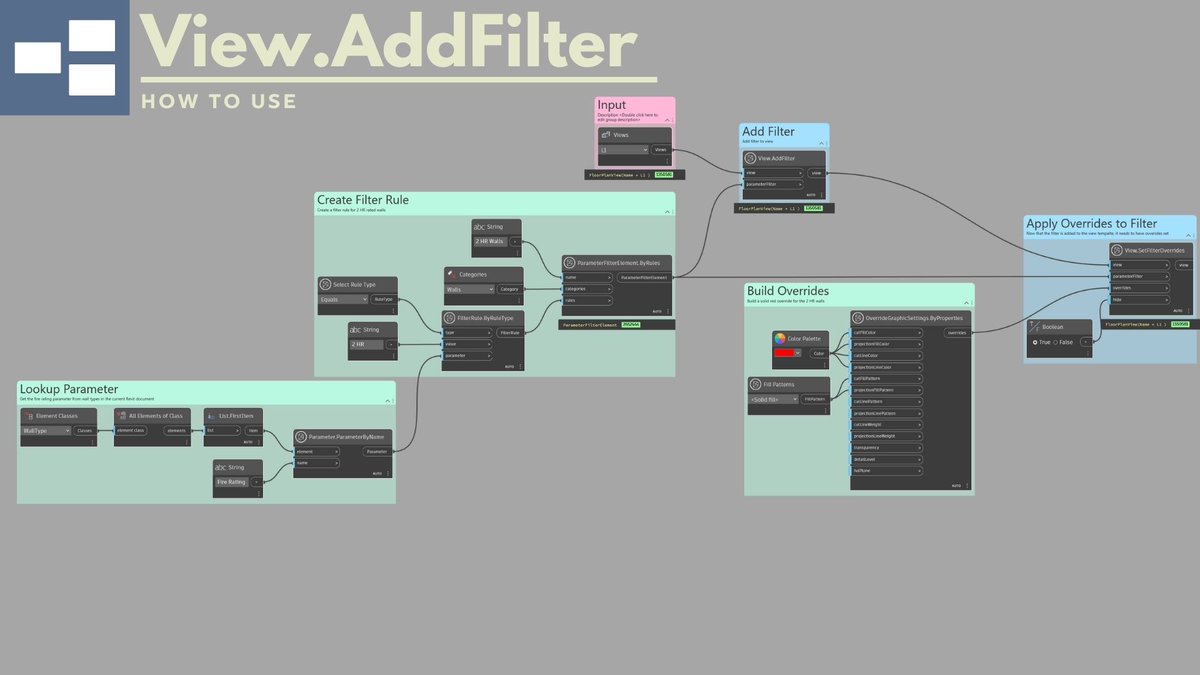 johntpierson's tweet image. Here&apos;s a pretty cool (albeit complicated to use) #DynamoBIM node for adding #Revit view filters.

#AutodeskExpertElite #AutodeskCommunity 

Description of node in the alt text.