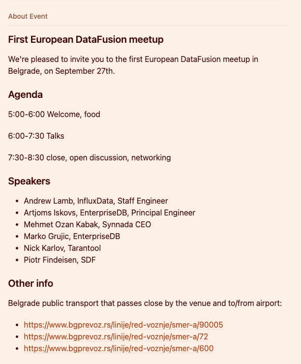 eatonphil's tweet photo. European friends in data, hie thee to the Belgrade DataFusion meetup this Friday and say hi to my coworkers!

https://t.co/yVzT1ZOHO6 https://t.co/H6gz96Yy1K