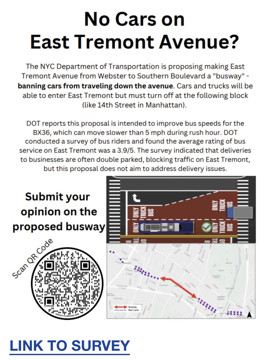 valryanreport's tweet photo. The DOT wants E Tremont Ave to be for buses and trucks only from Southern Blvd to Third Avenue in the Bronx. Share your thoughts by scanning the QR code. 

@News12BX 

https://t.co/WUAWRX5Ter 

Credit: https://t.co/ytM5d5bQbf https://t.co/QJabUr0lty