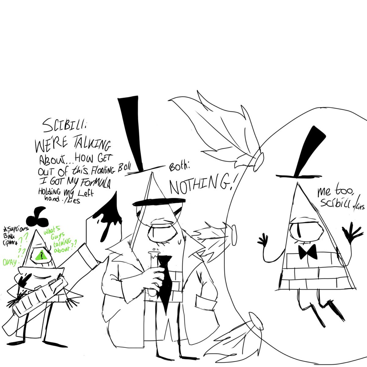 fanta_blog's tweet photo. Conversation between scientist bill cipher and dreamcaptor bill cipher comic.
#gravityfalls #binkcipher #scientistbillcipher #dreamcaptorau #scibill #artistbillcipher https://t.co/MLgDYAu2fd