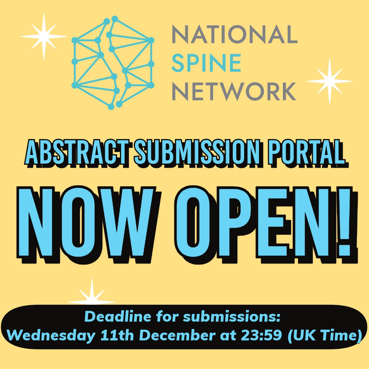 Abstract Submission Portal is NOW
OPEN for our Annual Meeting, #NSN2025!
Submission portal with further information can be found on on our
website: NationalSpineNetwork.co.uk/NSN2025