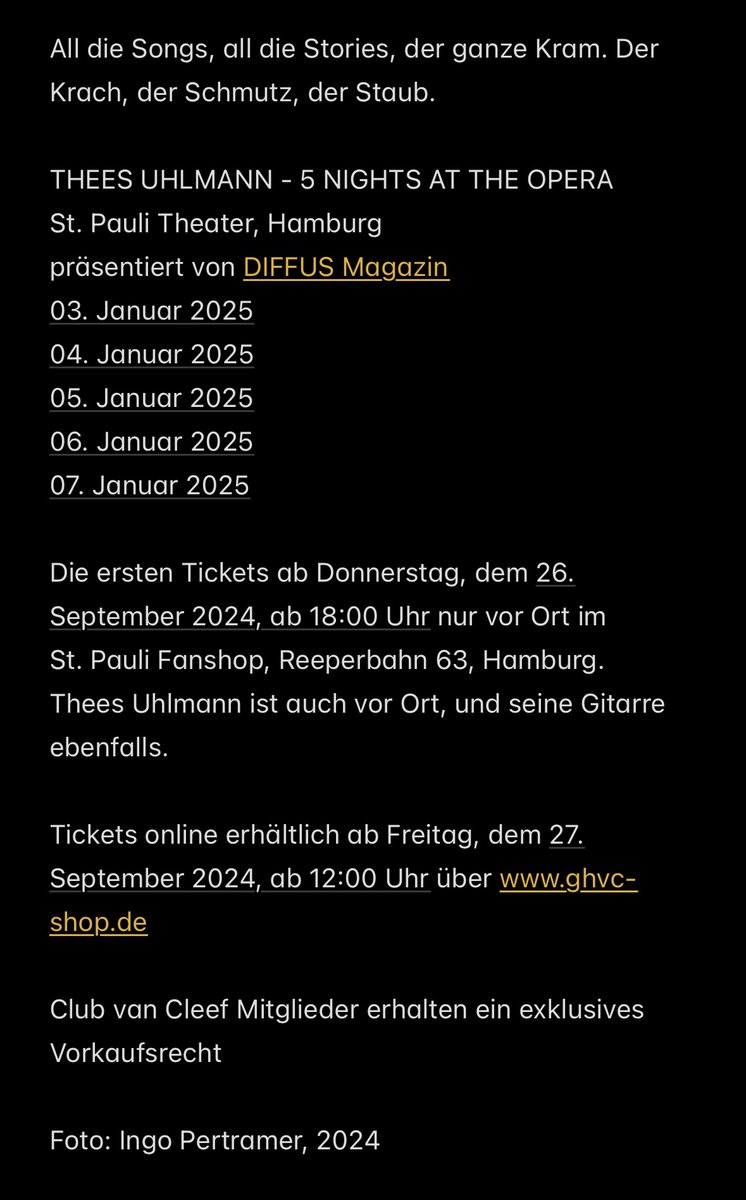 theesuhlmann's tweet photo. 5 Nights At The Opera, Hamburg
03. - 07.01.2025
präsentiert von @DIFFUSMagazin https://t.co/js8uFDzLJ9