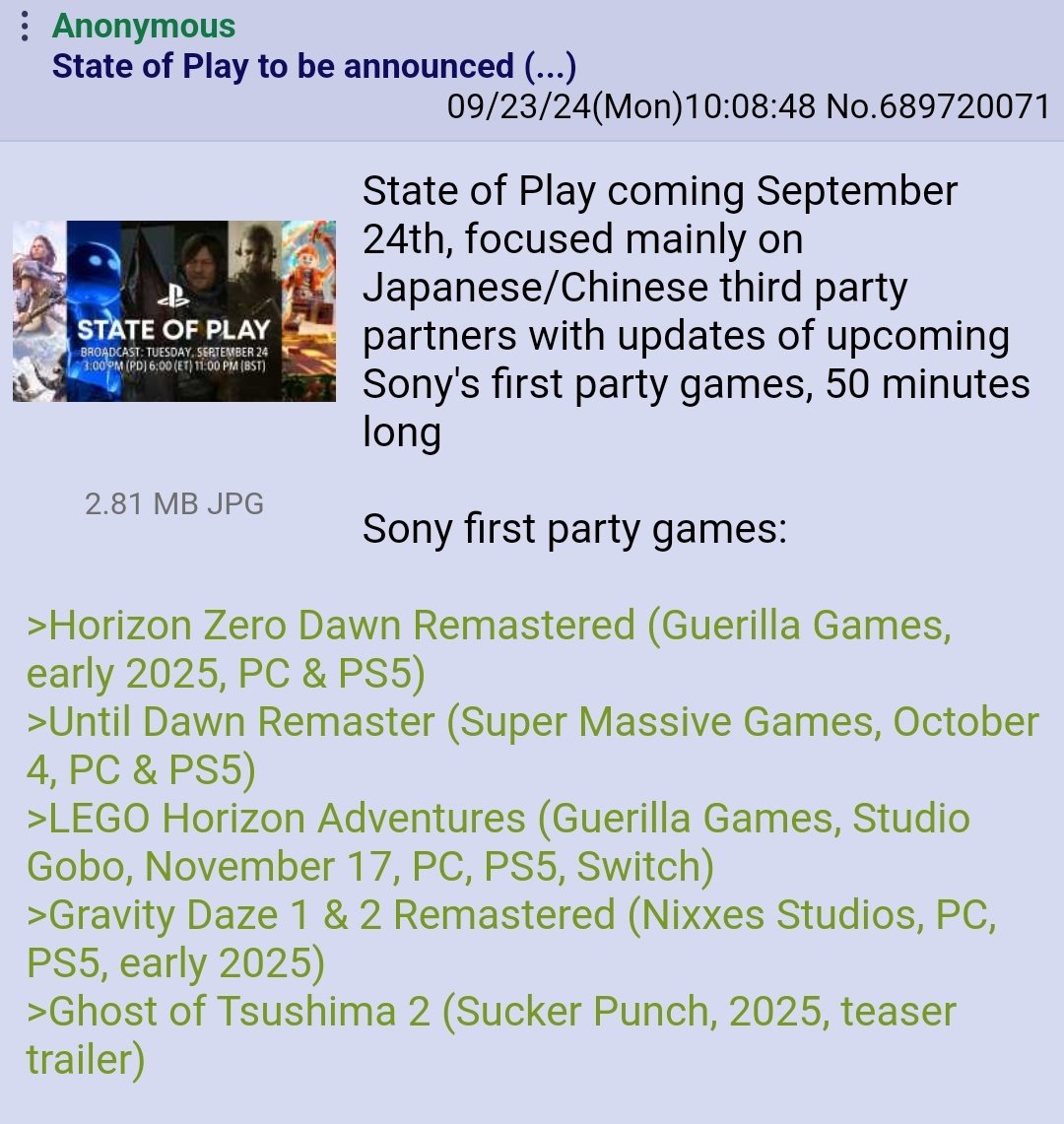 KabiPlays's tweet photo. State of Play alleged lineup. https://t.co/WRE9p1eWrd