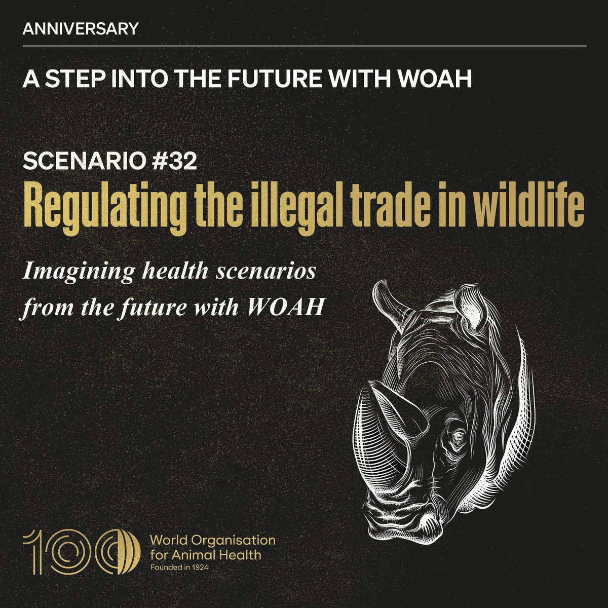 WOAH's tweet photo. Today, we are wondering about the future of illegal wildlife trade.

To imagine our role in future animal health and welfare landscapes, we're thinking about complex issues and exploring potential scenarios that would impact WOAH and animal health. This is #32.  

#WOAH100