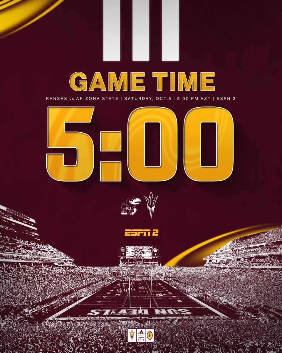 Game Time Announcement:

🆚: Kansas
🗓️: Saturday, Oct. 5
⏰: 5:00 PM AZT
📍: Mountain America Stadium
📺: ESPN 2

#ForksUp /// #ActivateTheValley