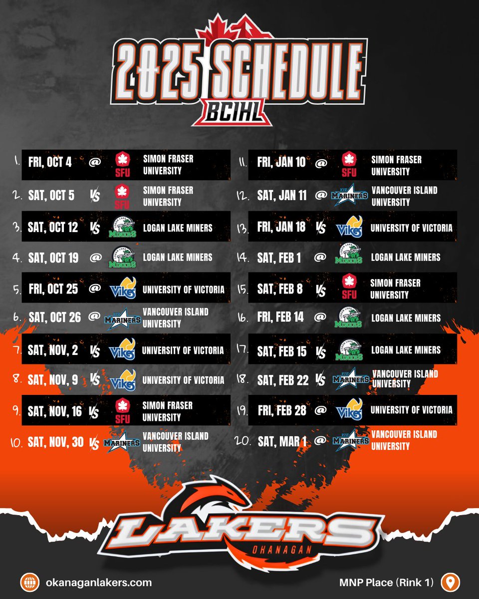 🏒 Mark your calendars, Lakers fans! 📅 The 2024/2025 season is here, and we’ve got an exciting lineup of games ahead!

Check out the full schedule and get ready to cheer on the Okanagan Lakers all season long! 🔥

#OkanaganLakers #GameDay #LakersSeason #HockeyCalendar #GoLakers