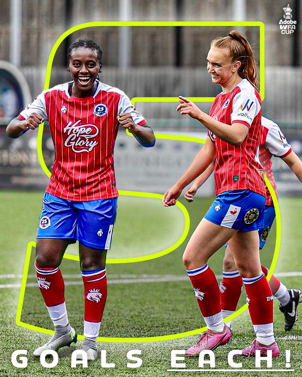 WomensFACup's tweet photo. Sandy Martins &amp; Rachael Manley scored an emphatic 5️⃣ goals each during @DWFCWomen's #AdobeWomensFACup second round qualifying win https://t.co/ZcDyJApJ2P