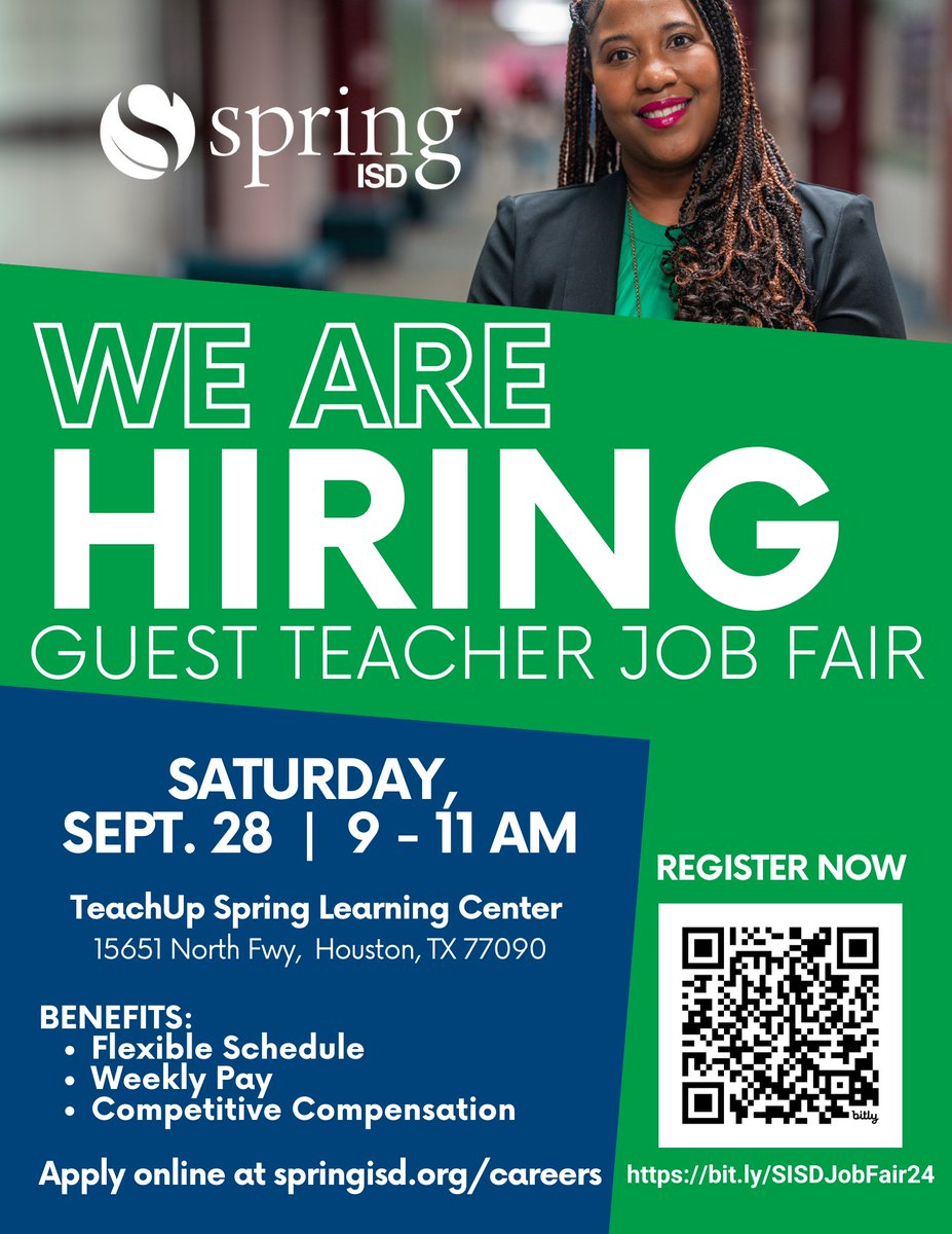 SpringISD's tweet photo. Want to join Team Spring? We are hosting a guest teacher job fair! Join us September 28 from 9 to 11 a.m. at the TeachUp Spring Learning Center at 15651 North Fwy! Take a look at the information below, and come join the team! RSVP: https://t.co/w07f0FDUvO https://t.co/XXnH9c07R9