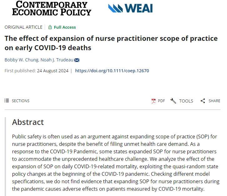 CEP_WEAI's tweet photo. ✨New Article✨
How did expansion of nurse practitioner scope of practice (SOP) affect early COVID-19 deaths? This article by @BobbyWYChung and @EconTrudeau does NOT find evidence expanding SOP for nurse practitioners during the pandemic increases COVID-19 mortality. https://t.co/tuTsQwVEvD