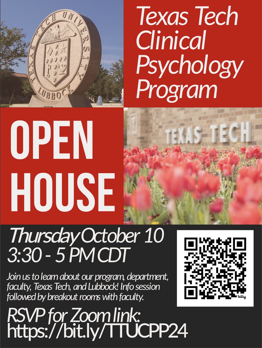 Interested in learning more about our clinical psych Ph.D. program? Join us for a virtual open house! 🥳

You can RSVP here! bit.ly/TTUCPP24