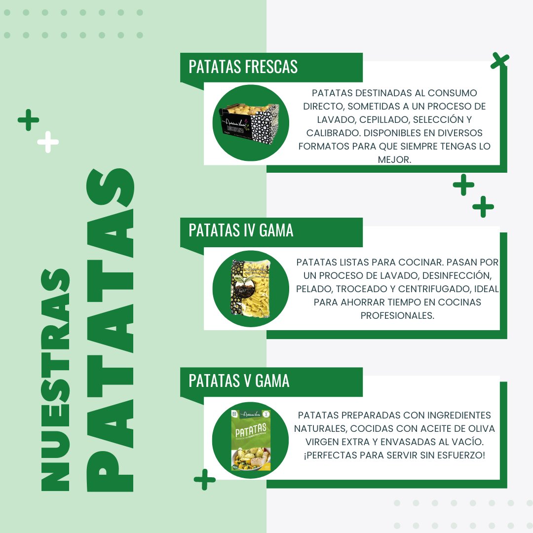🥔✨ Variedad y Calidad en Cada Formato de Patatas ✨🥔

🔹 Fresco: Patatas destinadas al consumo directo.

🔹 IV Gama: Patatas listas para cocinar. 

🔹 V Gama: Patatas preparadas con ingredientes naturales.

 #IVGama #VGama #PatatasFrescas #CocinaProfesional #Minoristas