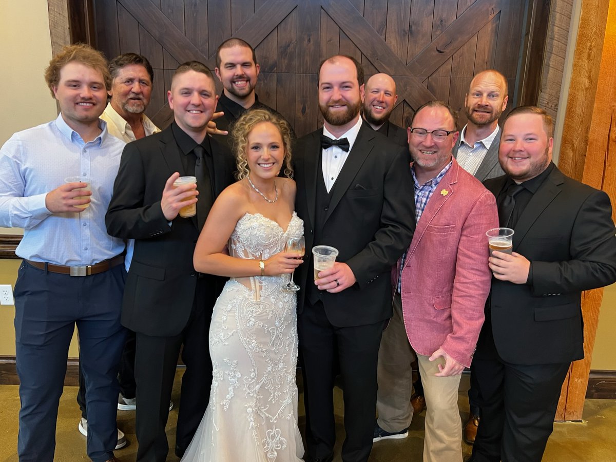SearlesGrizz's tweet photo. Congrats to our Leader, Teammate and Coach @CollinHelget and his beautiful bride Sophie on their wedding this past Saturday. The Grizzlies had fun celebrating with them. 
#DewanzInaTux
#ShabbaSpeech
#CoachGotIced
#Fritzer
#Kletschko
#CaseOandKaseO
#SchlottyNoCup
#Brunzee https://t.co/kh4uk4lQlo