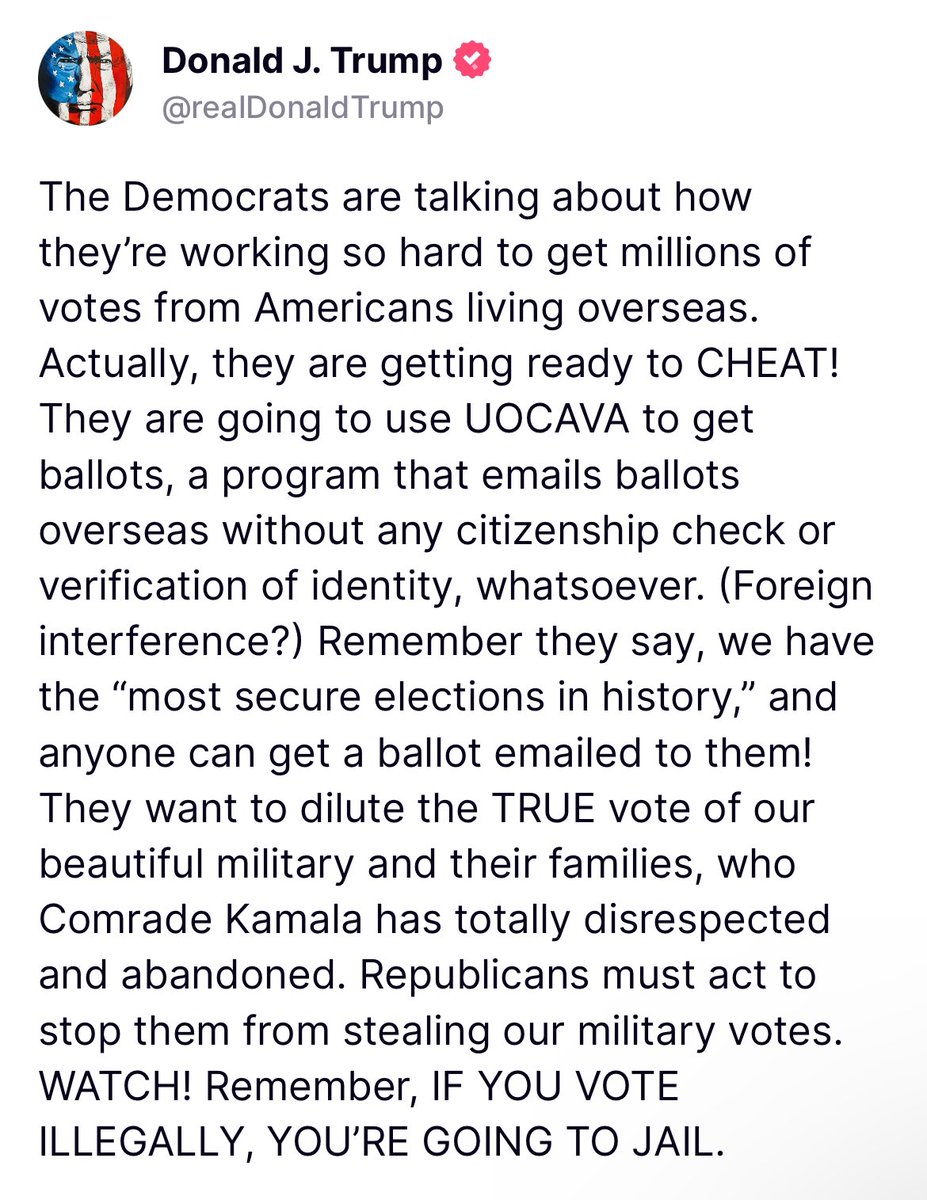 realLizUSA's tweet photo. President Trump warns Democrats are planning to cheat by exploiting overseas ballots meant for military members and their families

“Republicans must act to stop them from stealing our military votes. WATCH! Remember, IF YOU VOTE ILLEGALLY, YOU’RE GOING TO JAIL.” https://t.co/quTp2cpqwR